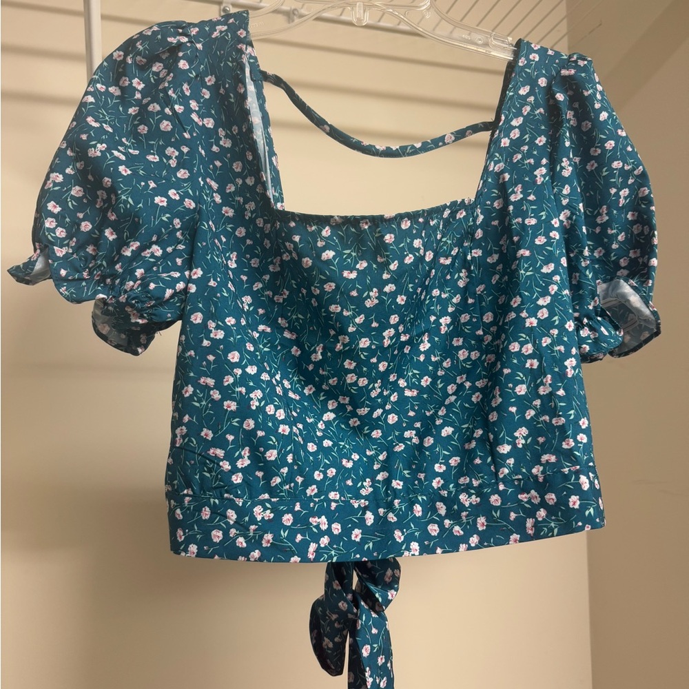 Floral Teal Puff Sleeve Top